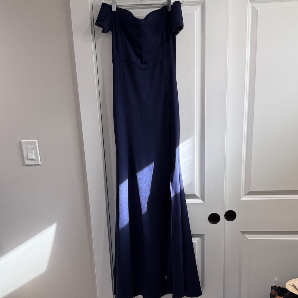 Macy's Elegant Navy Off-Shoulder Wedding Dress